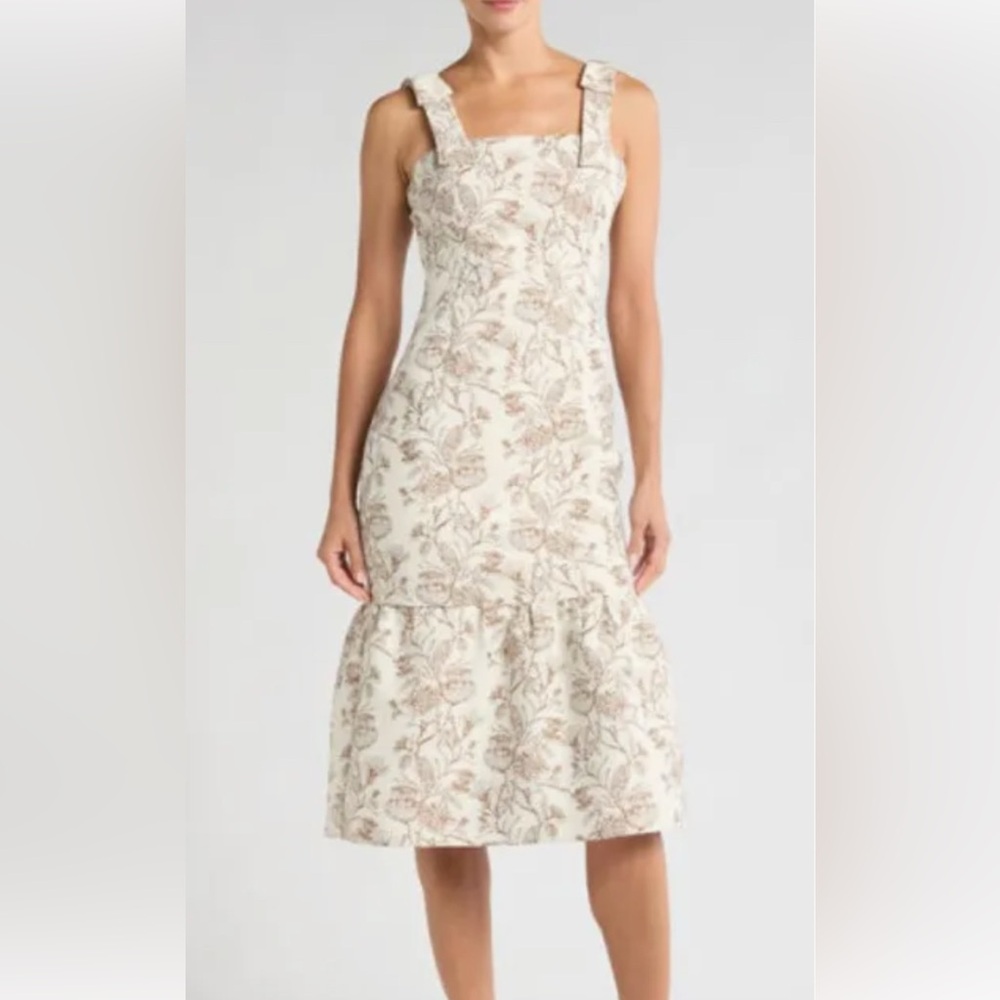 Adelyn Rae Floral Cream and Mocha Sleeveless Ruffle Hem Midi Dress Size Large